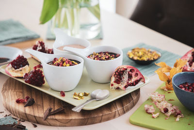 High angle view of breakfast on table