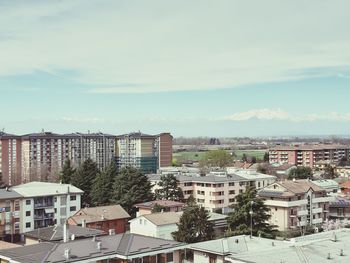 High angle view of buildings against sky