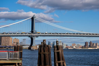 View of suspension bridge against cloudy sky