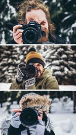 Portrait of man photographing with snow