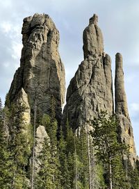 Low angle view of towering rock formation on mountain against sky and pine trees