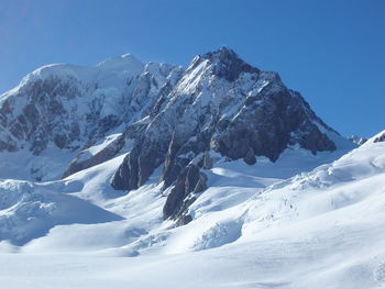 Scenic view of snowcapped mountains against clear sky