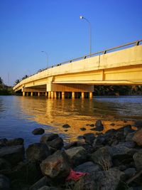 Bridge over river against clear blue sky