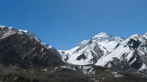 Scenic view of snowcapped mountains against clear blue sky