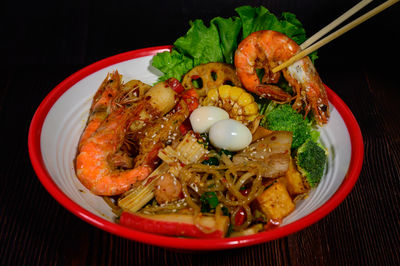 High angle view of food in plate on table