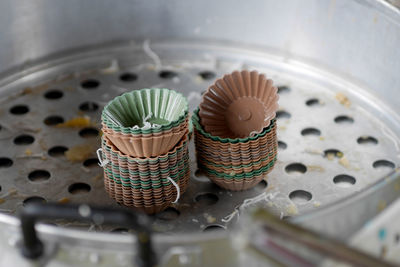 High angle view of cupcakes on table