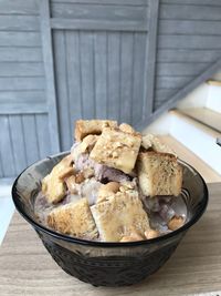 Close-up of ice cream in bowl on table