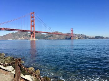 View of suspension bridge over river