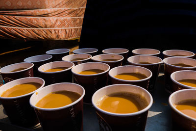 High angle view of empty glasses on table