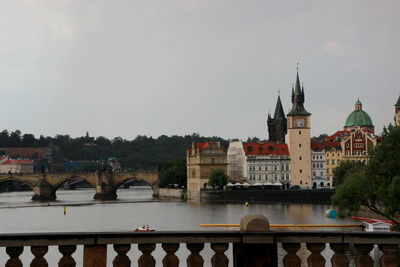 Bridge over river by buildings against sky