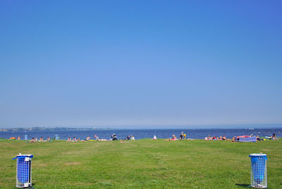 People on beach against clear blue sky