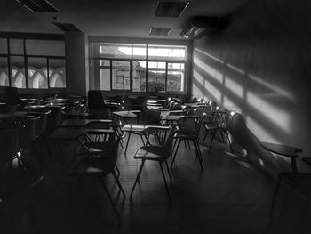 Empty chairs and tables in restaurant