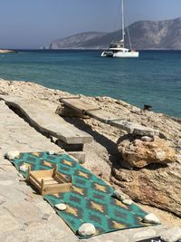 Sailboat on sea shore against sky in koufounisia 