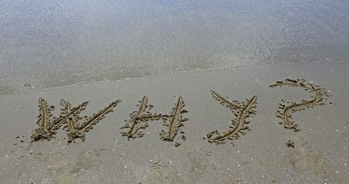 High angle view of text on beach