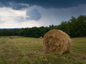 Hay bales on field against sky