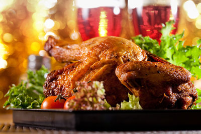 Close-up of meal served on table