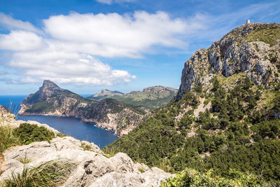 Panoramic view of sea and mountains against sky