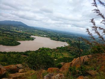 Scenic view of river amidst trees against sky