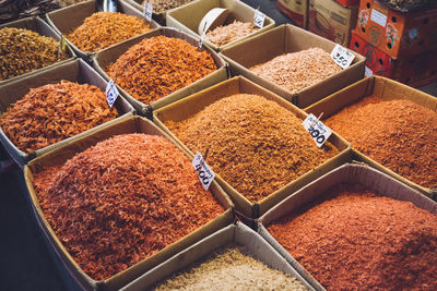 High angle view of spices for sale at market stall