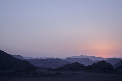Scenic view of wadi rum against clear sky during sunset