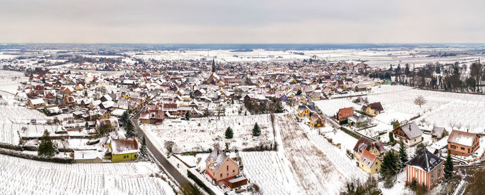 High angle view of townscape against sky during winter