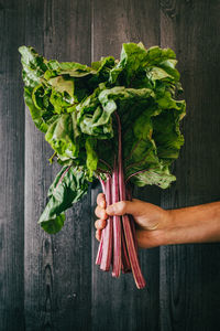 Midsection of man holding vegetables