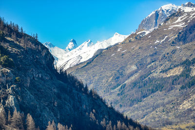 Scenic view of snowcapped mountains against clear sky