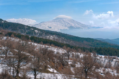 Scenic view of snowcapped mountains against sky