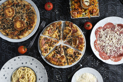 High angle view of pizza on table