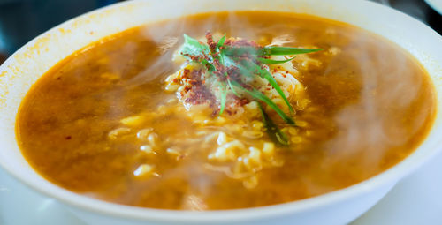 High angle view of soup in bowl