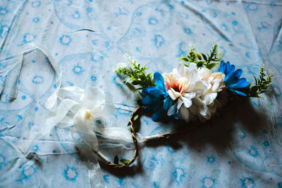 High angle view of flower vase on table