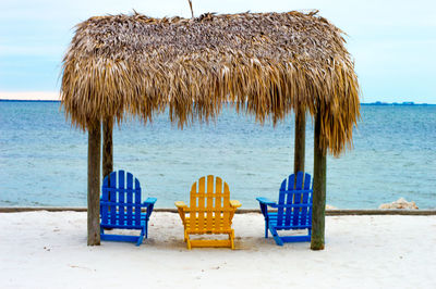 Empty chairs on beach against sky