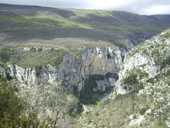 Scenic view of river by mountains against sky