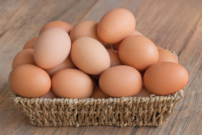 High angle view of eggs in basket