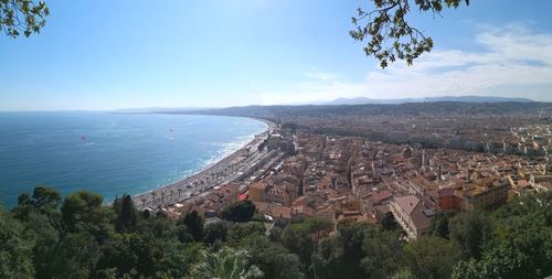 High angle view of townscape by sea against sky nice french riviera