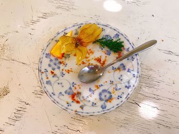 High angle view of breakfast on table