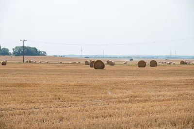 Hay bales on field against sky