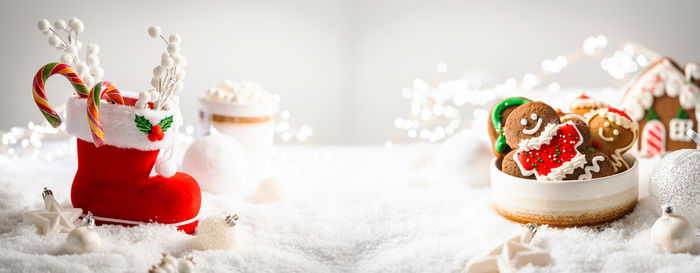 Close-up of christmas decorations on table