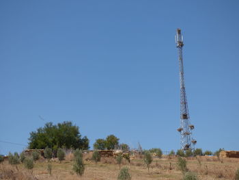 Communications tower on field against clear blue sky