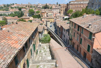 High angle view of residential buildings in city