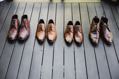 High angle view of shoes on wood