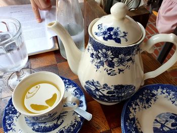 High angle view of tea cup on table