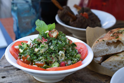 Close-up of salad served on table