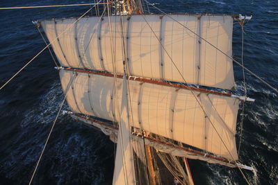 High angle view of ship sailing on sea