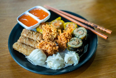 High angle view of breakfast served on table