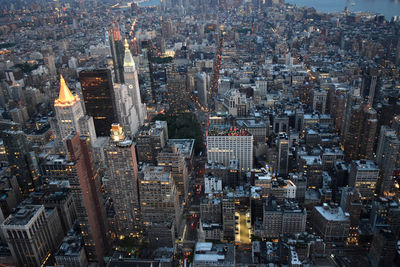 Aerial view of modern illuminated buildings