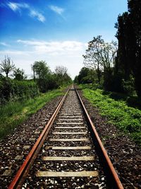 Diminishing perspective of railroad track against sky