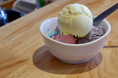 Close-up of ice cream in bowl on table