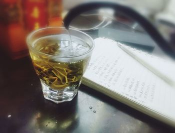 High angle view of beer glass on table