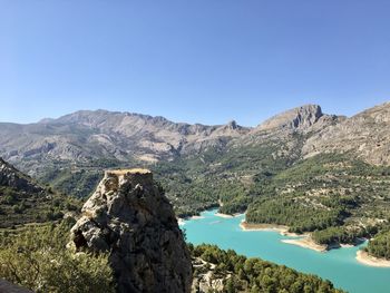 Scenic view of mountains against clear blue sky